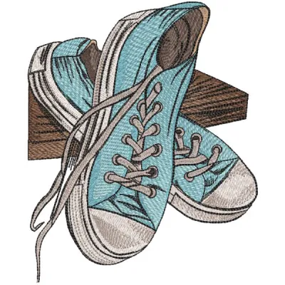 Well worn blue sneakers embroidery design preview showcasing intricate details and vibrant colors.