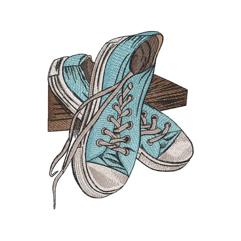 Well worn blue sneakers embroidery design preview showcasing intricate details and vibrant colors.