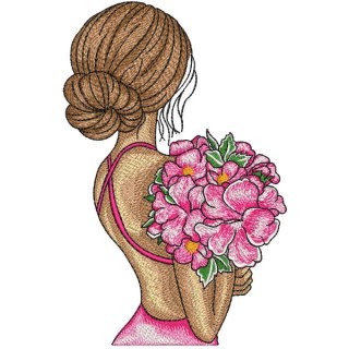 Pretty woman in summer dress holding bouquet embroidery design - Embroidery Design