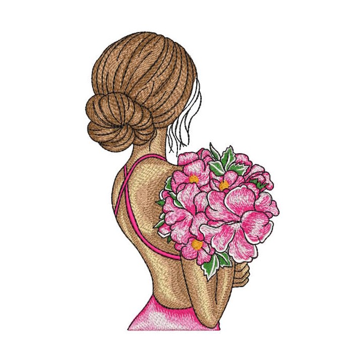 Pretty woman in summer dress holding bouquet embroidery design - Embroidery Design