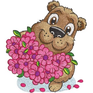 Big smiling bear with a bouquet of roses embroidery design - Embroidery Design
