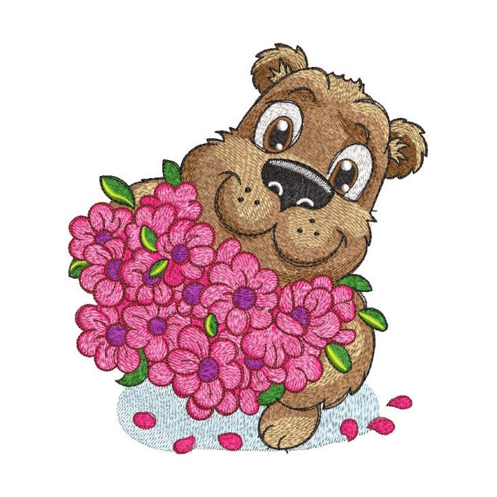 Big smiling bear with a bouquet of roses embroidery design - Embroidery Design
