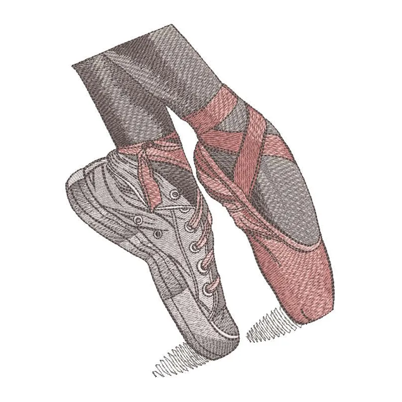 Embroidery design preview of sneakers and pointe shoes two way embroidery design for ballet and dancing.