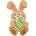 Bunny with a painted Easter egg embroidery design preview showcasing vibrant colors and detailed stitching.