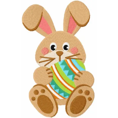 Bunny with a painted Easter egg embroidery design preview showcasing vibrant colors and detailed stitching.