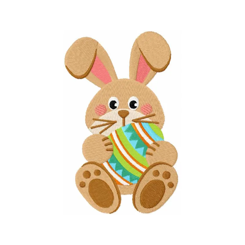 Bunny with a painted Easter egg embroidery design preview showcasing vibrant colors and detailed stitching.