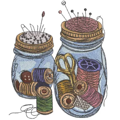 Grandmother's jars with needlework items embroidery design preview. Filename: grandmother s jars with needlework items embro…