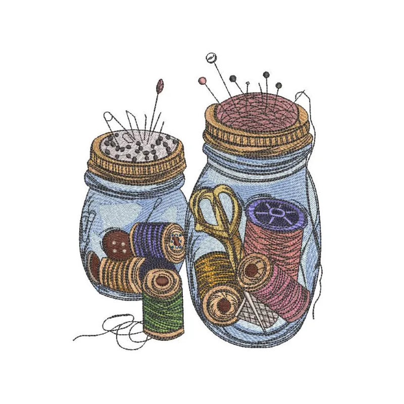 Grandmother's jars with needlework items embroidery design preview. Filename: grandmother s jars with needlework items embro…