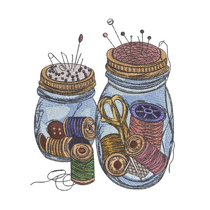 Grandmother's jars with needlework items embroidery design - Embroidery Design