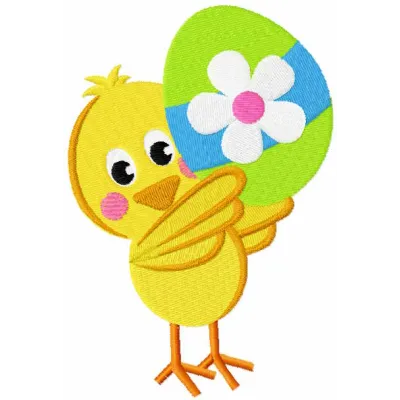 Chick holding painted easter egg embroidery design preview. Filename: shick holding painted easter egg embroidery design.