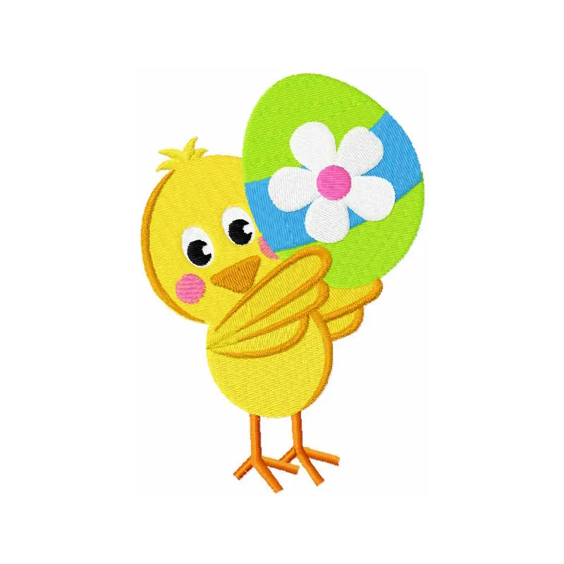 Chick holding painted easter egg embroidery design preview. Filename: shick holding painted easter egg embroidery design.