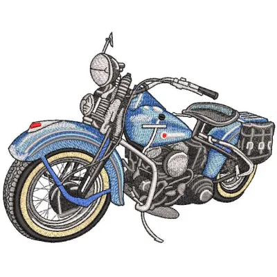 Big blue motorcycle embroidery design preview for transport category. Filename: big blue motorcycle embroidery design.