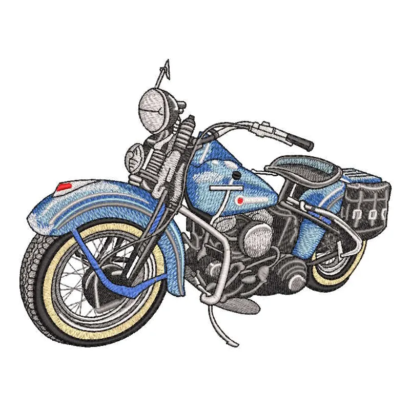 Big blue motorcycle embroidery design preview for transport category. Filename: big blue motorcycle embroidery design.