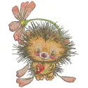Hedgehog with heart holding fallen flower embroidery design preview. Filename: hedgehog with heart holding fallen flower emb…