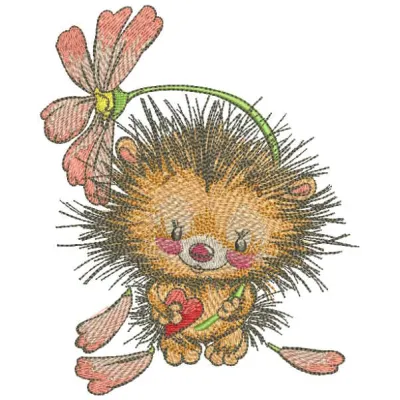 Hedgehog with heart holding fallen flower embroidery design preview. Filename: hedgehog with heart holding fallen flower emb…