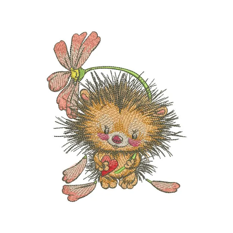 Hedgehog with heart holding fallen flower embroidery design preview. Filename: hedgehog with heart holding fallen flower emb…