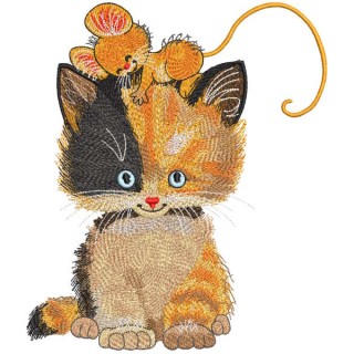 Multicolored cat playing with a mouse embroidery design - Embroidery Design