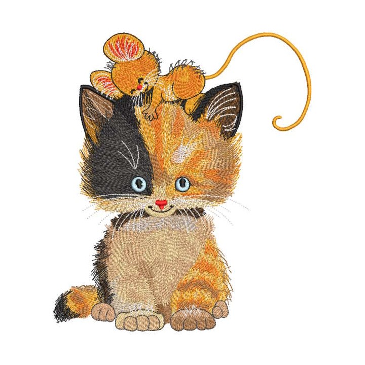 Multicolored cat playing with a mouse embroidery design - Embroidery Design