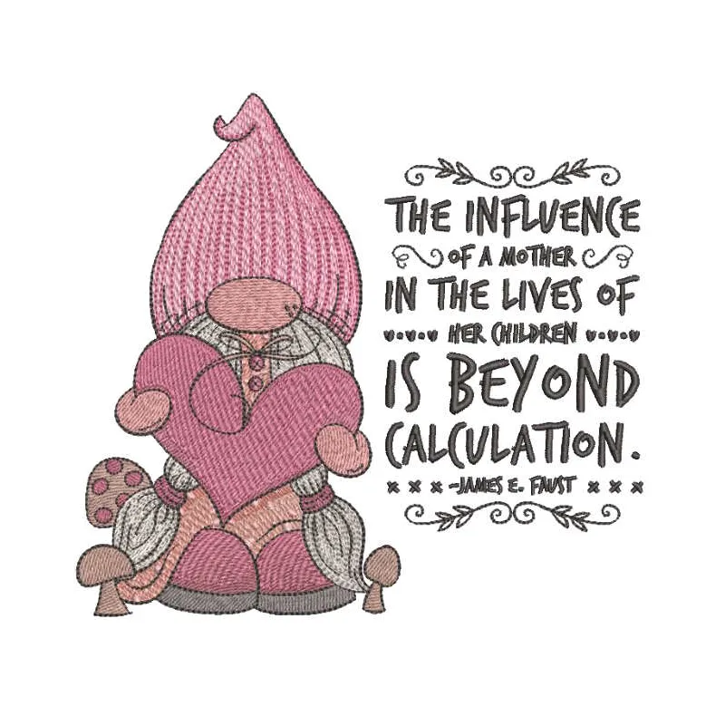 Romantic gnome girl keep heart wish embroidery design preview showing intricate details and vibrant colors.