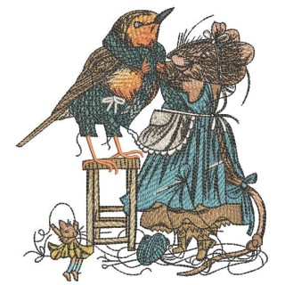 Mouse tailor sews clothes for starling embroidery design - Embroidery Design