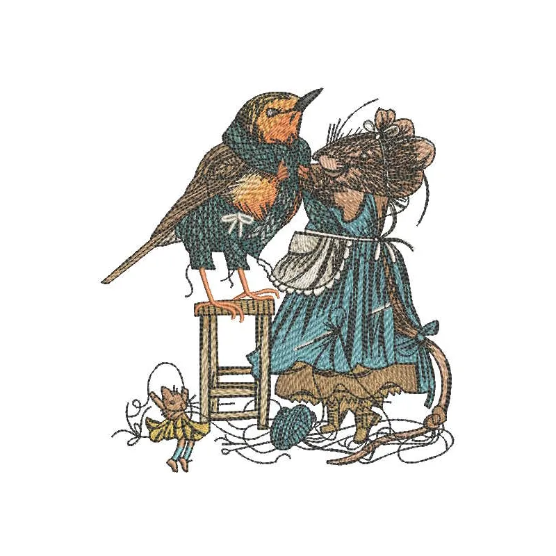 Mouse tailor sews clothes for starling embroidery design preview, showcasing intricate details and vibrant colors.