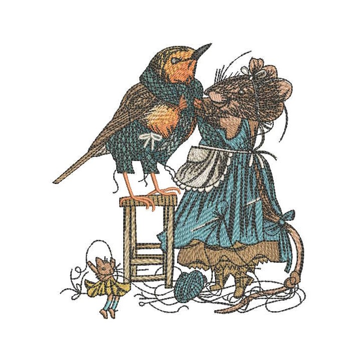 Mouse tailor sews clothes for starling embroidery design - Embroidery Design