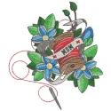 Vintage Mom Needlework spool thread flowers background embroidery design preview. Filename: vintage mom needlework spool thr…