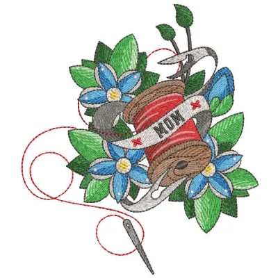 Vintage Mom Needlework spool thread flowers background embroidery design preview. Filename: vintage mom needlework spool thr…