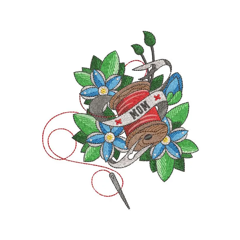 Vintage Mom Needlework spool thread flowers background embroidery design preview. Filename: vintage mom needlework spool thr…