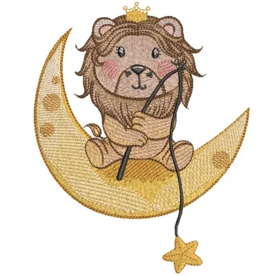 Lion King's Magical Crescent Moon Adventure embroidery design preview. Filename hint: lion king s magical crescent moon adve…