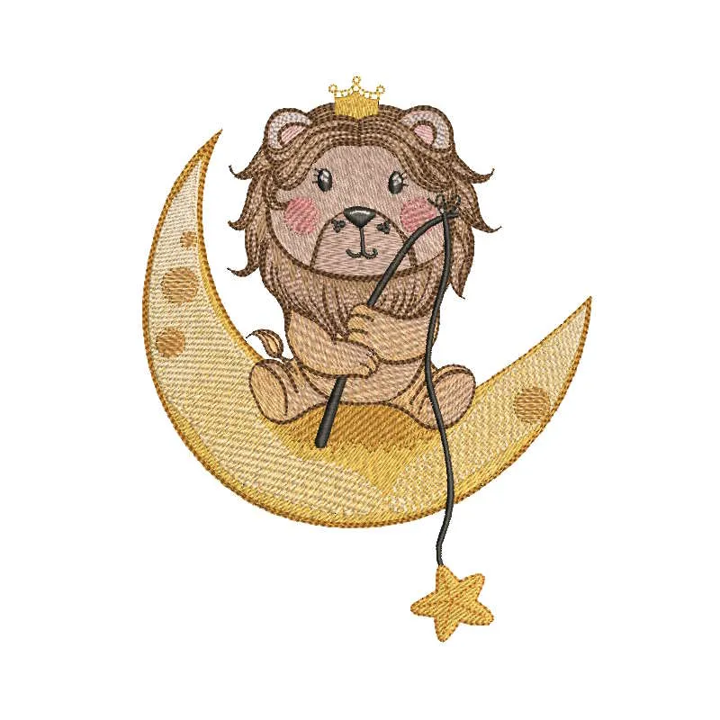 Lion King's Magical Crescent Moon Adventure embroidery design preview. Filename hint: lion king s magical crescent moon adve…