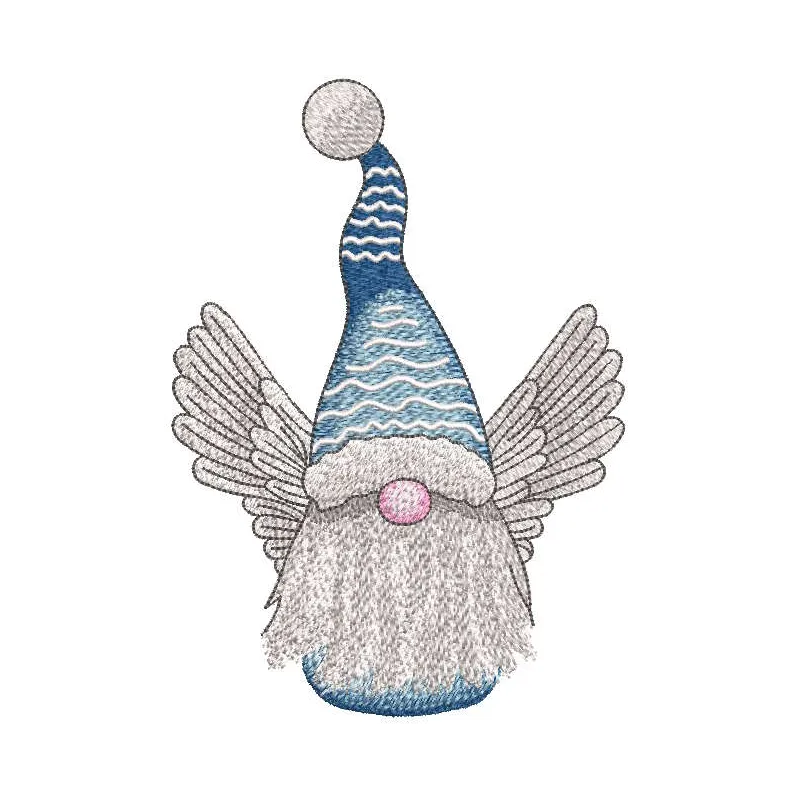 Winged Snow Gnome embroidery design preview showcasing detailed stitching and vibrant colors. Filename: winged snow gnome em…