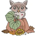 Owl autumn harvest embroidery design preview showcasing vibrant colors and detailed stitching.