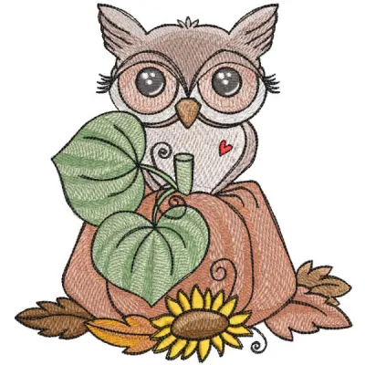 Owl autumn harvest embroidery design preview showcasing vibrant colors and detailed stitching.