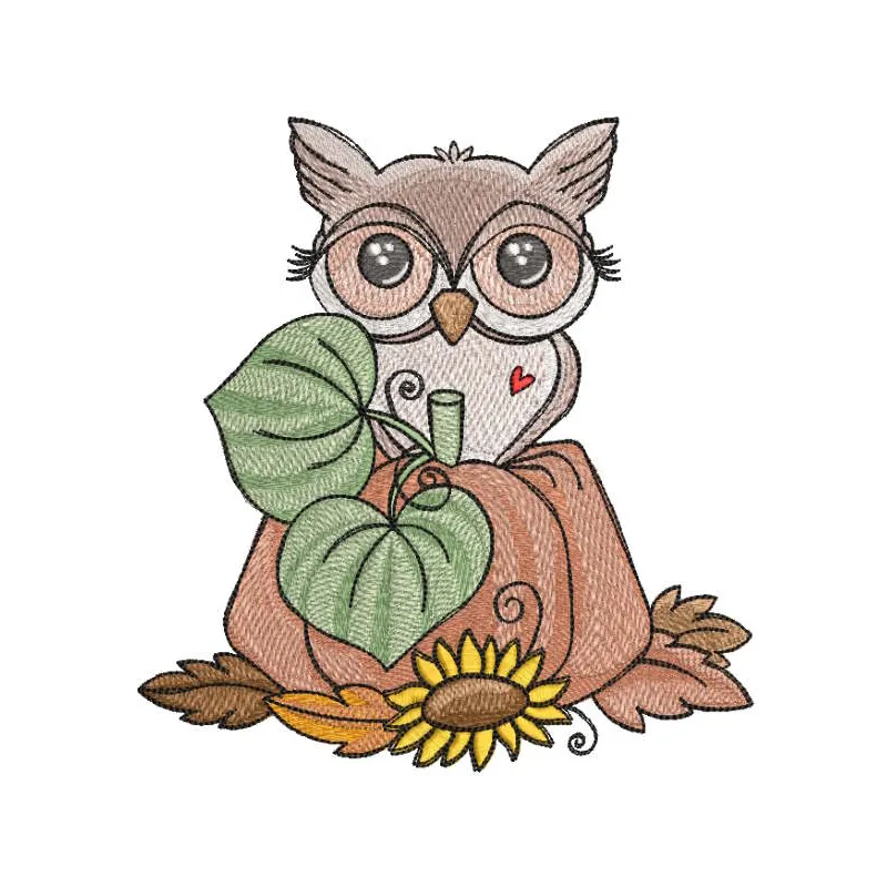 Owl autumn harvest embroidery design preview showcasing vibrant colors and detailed stitching.