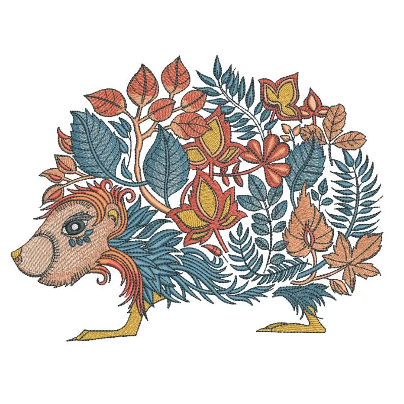 Hedgehog autumn style leaves embroidery design preview. Filename: hedgehog autumn style leaves embroidery design.
