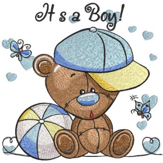 Toy bear cub in cap sits with ball embroidery design - Embroidery Design