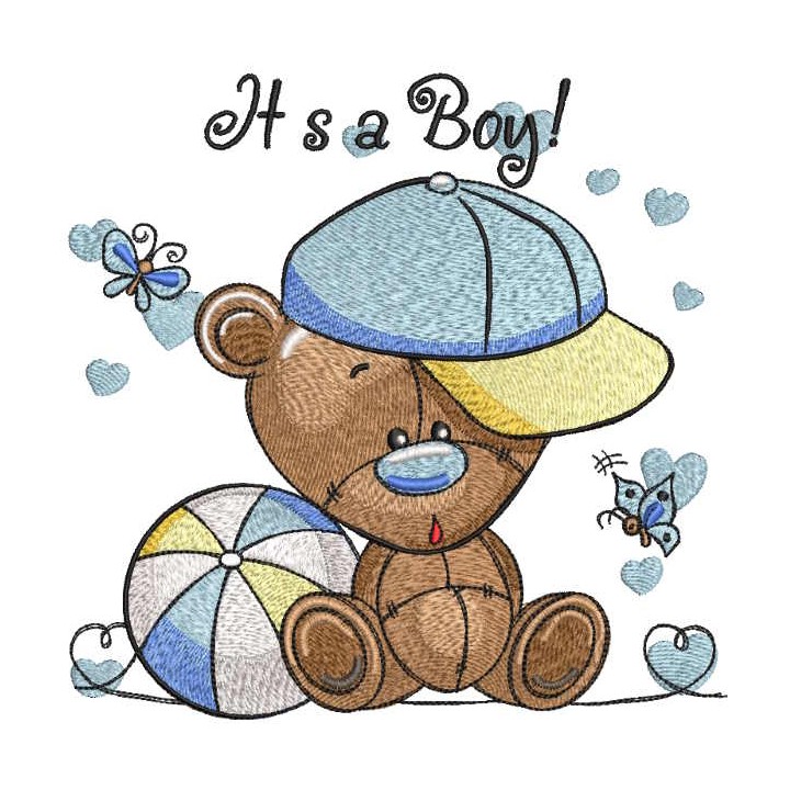 Toy bear cub in cap sits with ball embroidery design - Embroidery Design