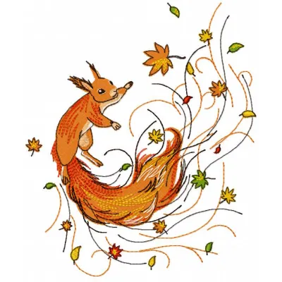 Autumn squirrel embroidery design preview showcasing detailed stitching and vibrant colors.