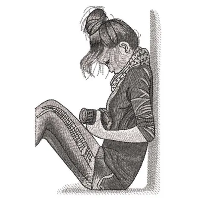 Embroidery design featuring a girl exploring her first photo camera, perfect for creative stitching projects.