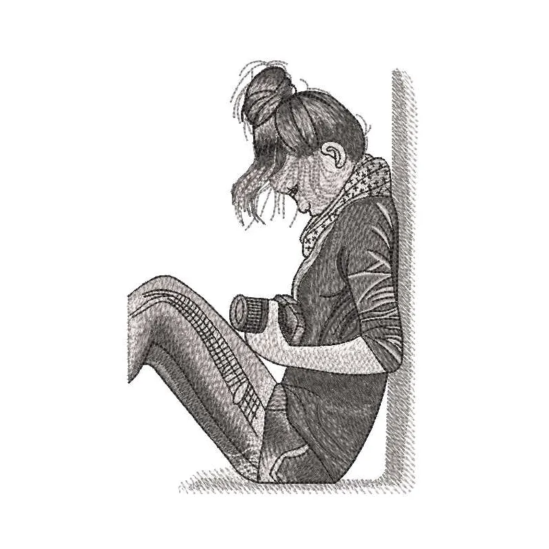Embroidery design featuring a girl exploring her first photo camera, perfect for creative stitching projects.