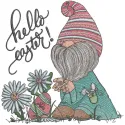 Embroidery design of a cheerful dwarf discovering an Easter egg in a lush meadow, ideal for festive projects.