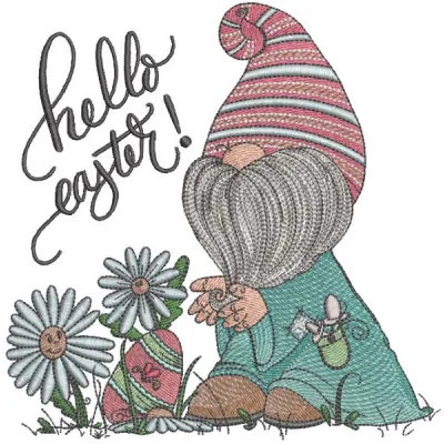 Embroidery design of a cheerful dwarf discovering an Easter egg in a lush meadow, ideal for festive projects.