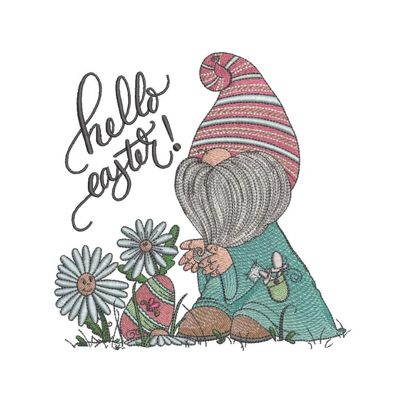 Embroidery design of a cheerful dwarf discovering an Easter egg in a lush meadow, ideal for festive projects.