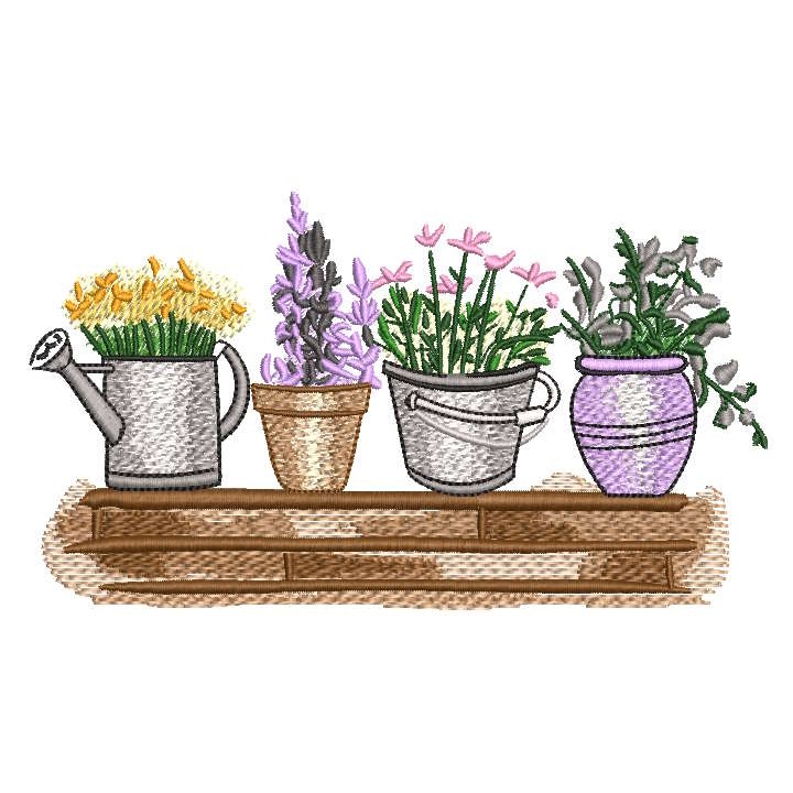 Flower pots on the wooden bench embroidery design - Embroidery Design
