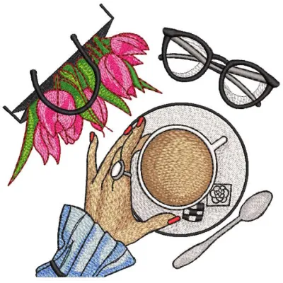 Embroidery design featuring morning coffee, flowers, and newspaper motifs, perfect for cozy craft projects.