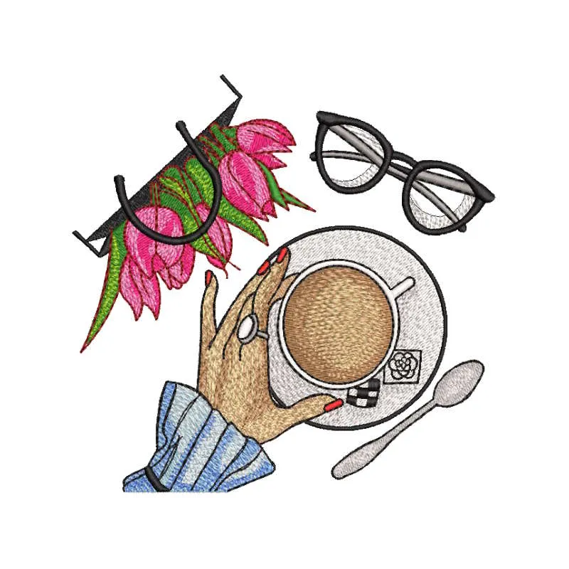 Embroidery design featuring morning coffee, flowers, and newspaper motifs, perfect for cozy craft projects.