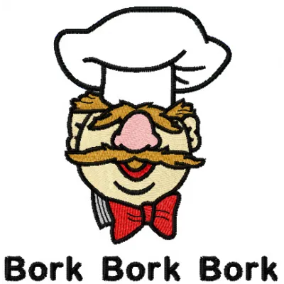 Chef bork bork bork embroidery design featuring a whimsical chef motif, perfect for kitchen towels or aprons.