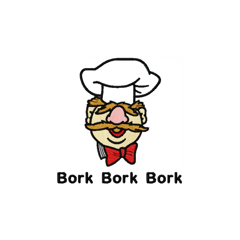 Chef bork bork bork embroidery design featuring a whimsical chef motif, perfect for kitchen towels or aprons.