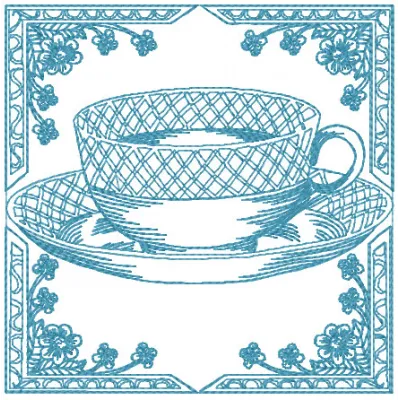 Vintage cup embroidery design showcasing intricate stitching patterns for kitchen-themed projects.